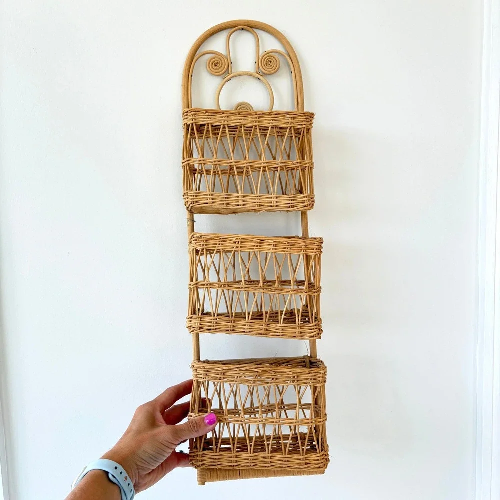 Vintage Rattan Wall Hanging 3 Tier Woven Wicker Basket Organizer Boho Decor 24in